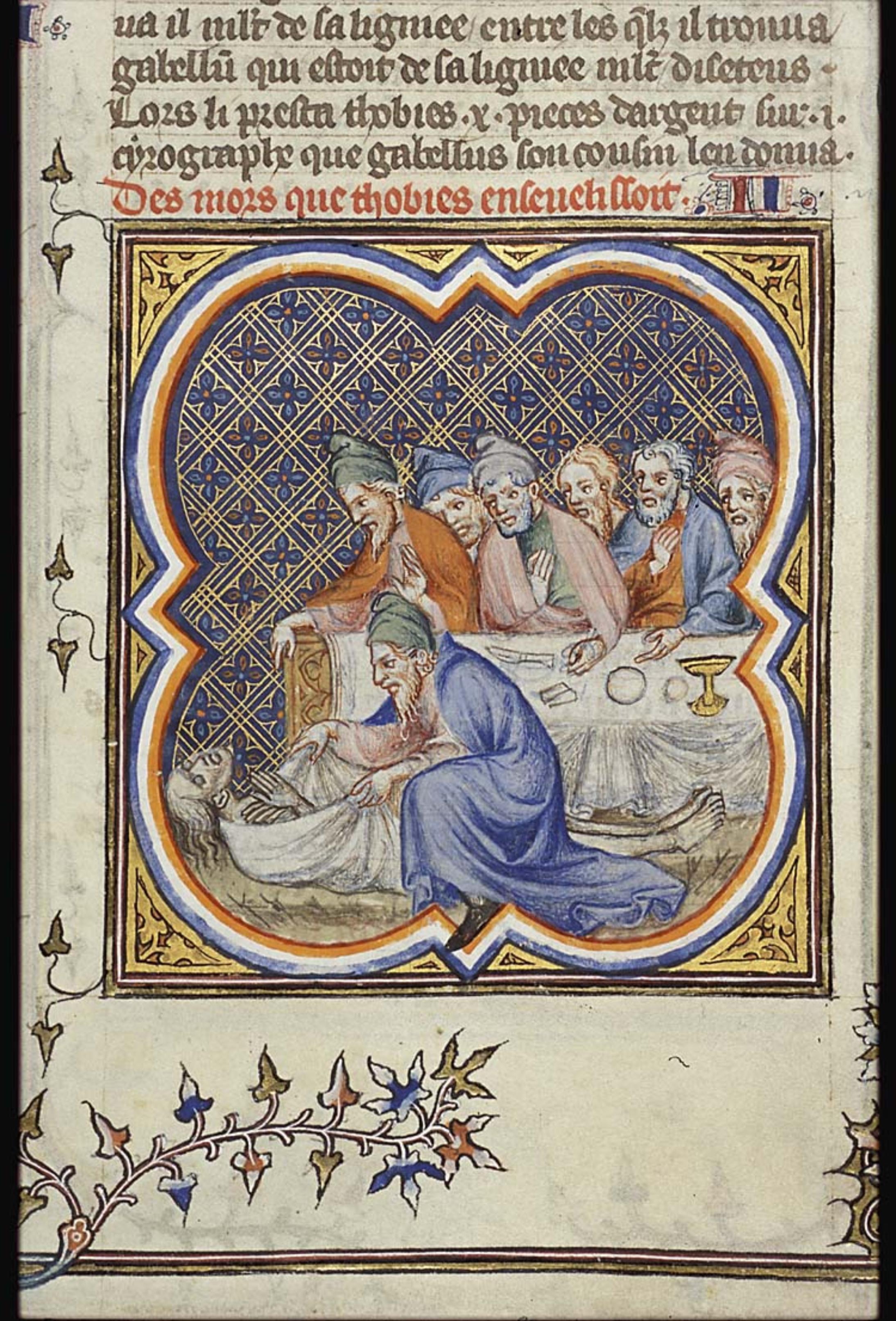 Tobit emmène le corps d'un mort pour l'ensevelir (Bible historiale de Petrus Comestor, F247r) - Jean Bondol