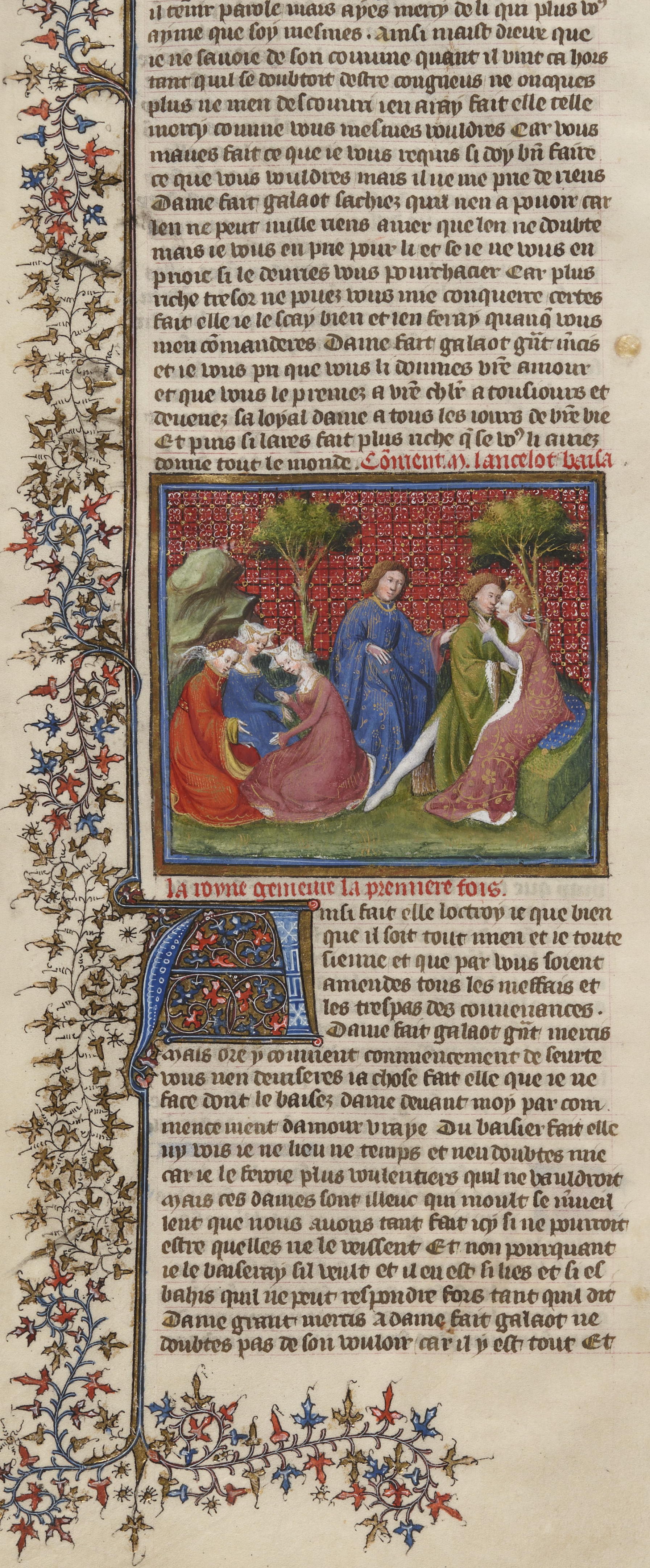 Bnf Français 118, f219v, Guenièvre embrasse Lancelot