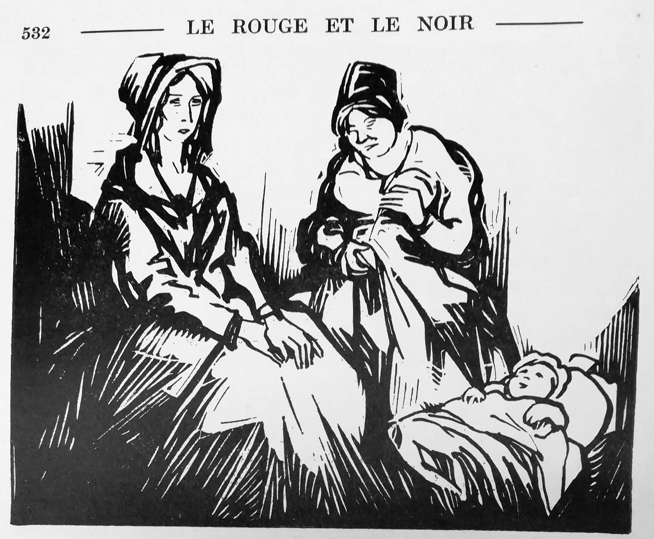 Fig. 1. Madame de Rênal veillant sur l’enfant de Julien et de Mathilde avec une nourrice, vignette gravée sur bois par Armand Thanrond d'après Paul Quint, in Stendhal, Le Rouge et le Noir, chapitre « La tranquillité », Paris, G. Crès, coll. « Les Grands livres » dir. René Kieffer, 1922, p. 532