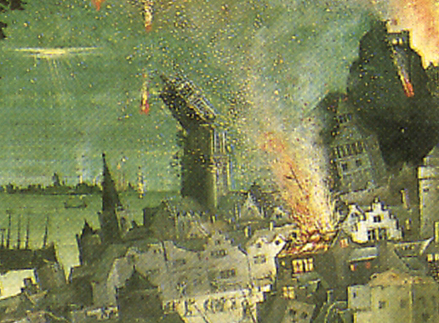 Lucas de Leyde, Loth, détail. Sodome en flammes.