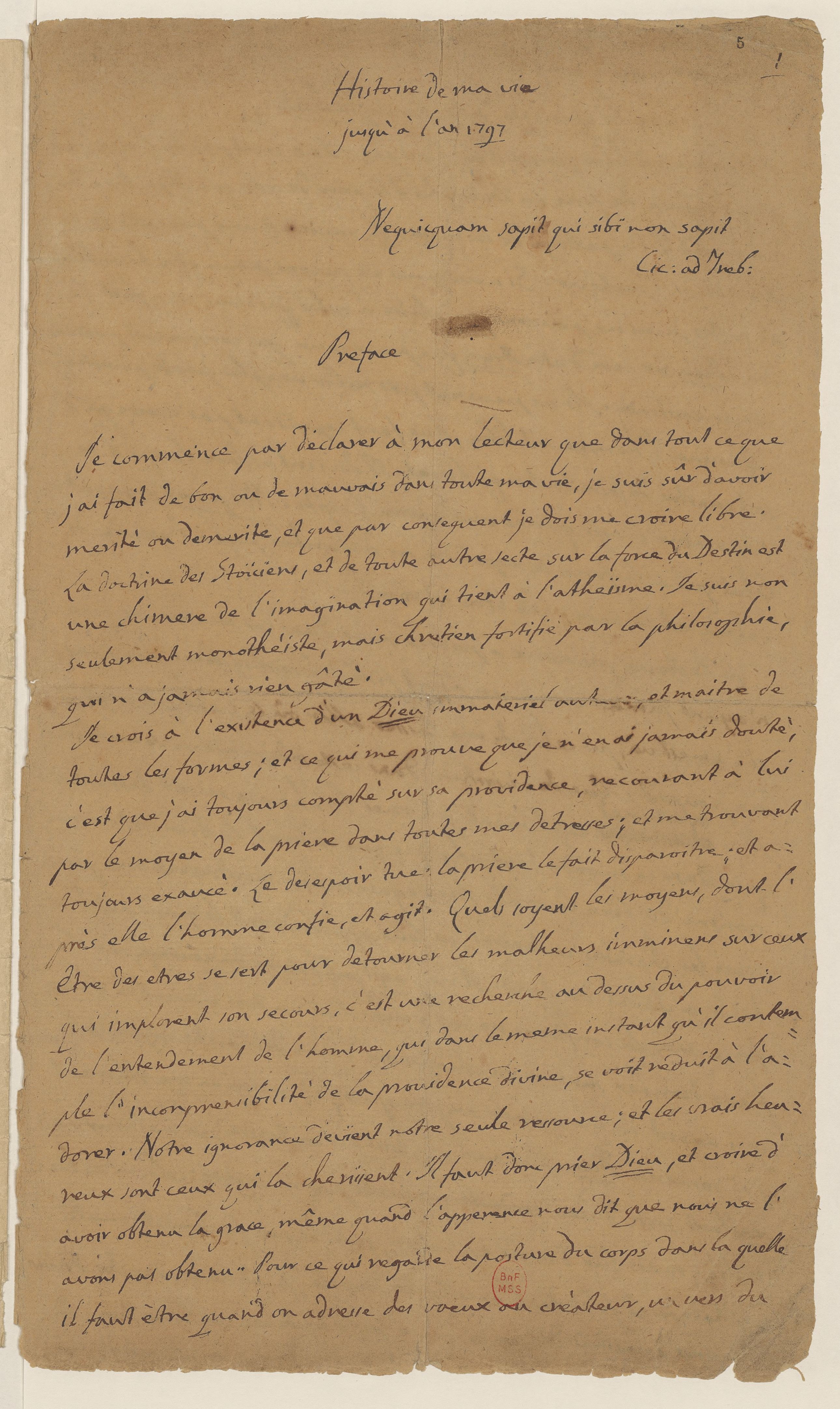 Manuscrit de Casanova - la préface de 1797
