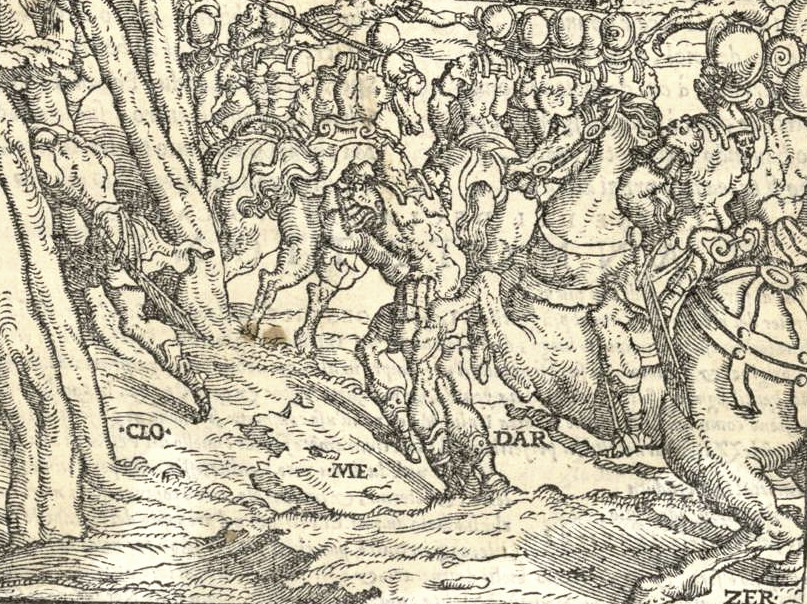 Roland furieux, Venise, Valgrisi, 1562, chant 19. Détail du bas de la gravure
