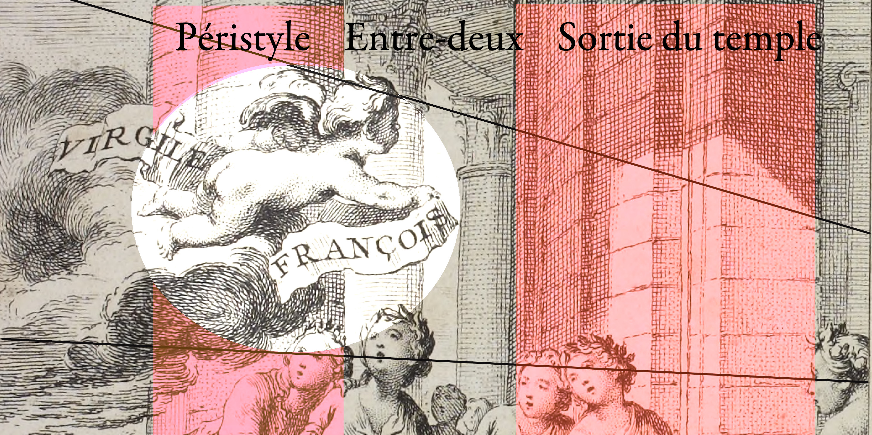 Schematic diagram of the scenic device of the frontispiece of Les Œuvres de Virgile traduites par Des Fontaines (1743)