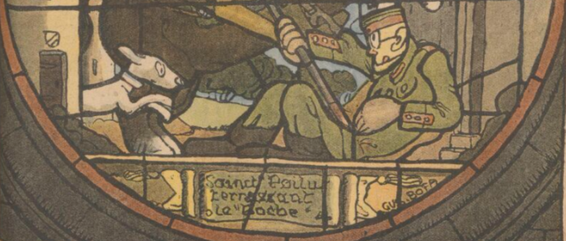 Détail du Saint Poilu de Bofa. Le soldat allemand attaqué par un chien.