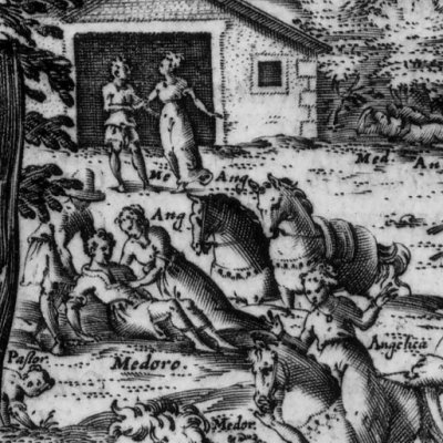 Médor défend Dardinel, Angélique & Médor (Roland furieux Franceschi1584 ch19) - G. Porro
