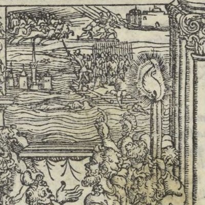 Bradamante & les peintures, Astolphe & les harpies (Rol. furieux, Valgrisi ch33)