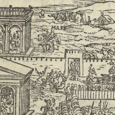 Rodomont à Paris, Griffon & Martan à Damas (Roland furieux, Valgrisi, 1560 ch17)