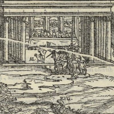 Roger tue Eriphile & est accueilli par Alcine (Roland furieux, Valgrisi, 1560 ch7)