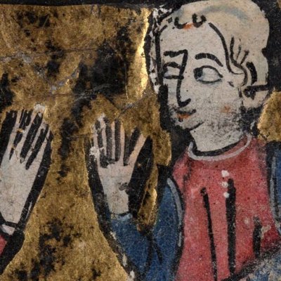 Perceval sits at King Arthur's table (Montpellier, BU Médecine, Ms Perceval H249)