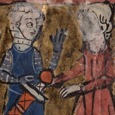 Gornemant donne à Perceval son épée de chevalier (Perceval, Montpellier H249, f11v)