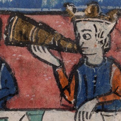 Arthur tente de boire le vin du cor magique (Perceval, Montpellier H249, f111v)