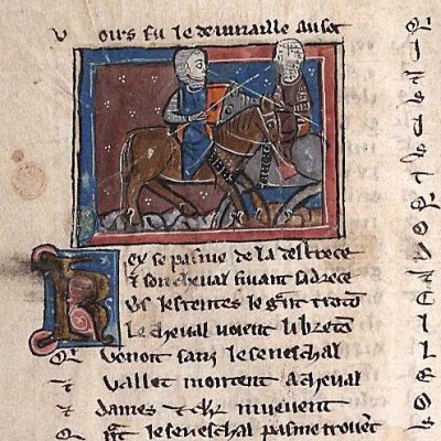 Les trois gouttes de sang sur la neige. Perceval met Keu à terre (Perceval, Montpellier H249, f28v)