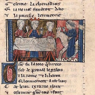 Irruption de la laide demoiselle à la cour d’Arthur (Perceval, Montpellier H249, f30)