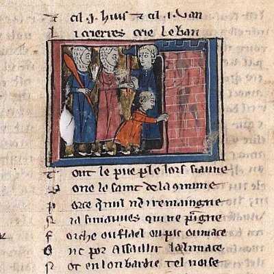 Gauvain attaqué par les vilains dans la tour d’Escavalon (Perceval, Montpellier H249, f38v)