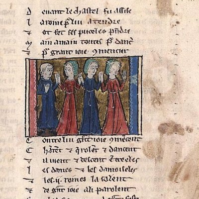 Les Demoiselles dansent devant Gauvain (Perceval, Montpellier H249, f57v)