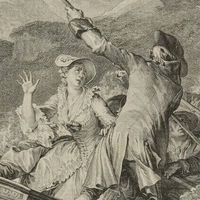 Julie & St-Preux ds la tempête (Coll. compl. Londres, t2, 1774 NH fig8) - Moreau