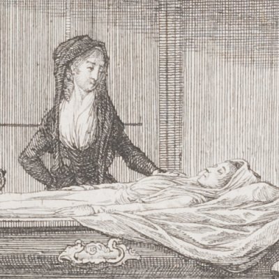 Miss Howe devant le cercueil de Clarisse (Clarissa, 1795 fig23) - Chodowiecki