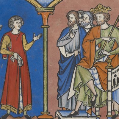 Saül promet sa fille à David s’il vainc (Bible de Maciejowski, fol. 29v°)