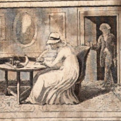 Mr B. surprend Pamela écrivant à ses parents (Pamela, 1813, frontispice)