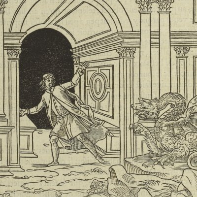 Un dragon accourt à la porte (Songe de Poliphile, 1546, F19v) - Jean Goujon