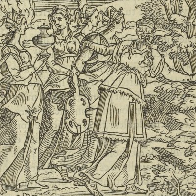 Cinq demoiselles invitent Poliphile (Songe de Poli., 1546, F24r) - Jean Goujon