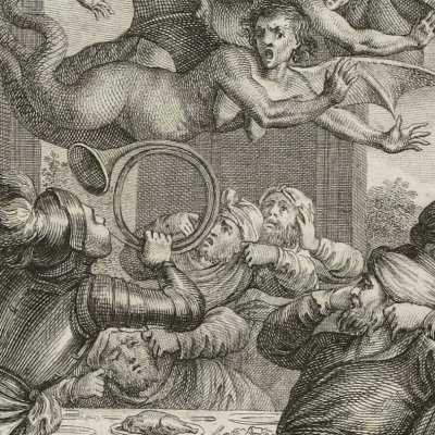 Astolphe chasse les harpies de son cor (Roland furieux, Paris Brunet 1776, ch33) - Cochin