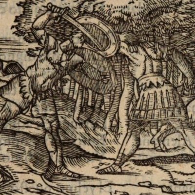 Renaud combat Ferragus, Angélique fuit (Roland furieux, Anvers Nucio 1554, ch1)