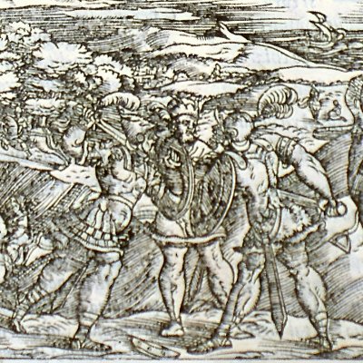 Renaud & Sacripant arrêtés par un valet (Roland furieux Valvassori 1566, ch2)