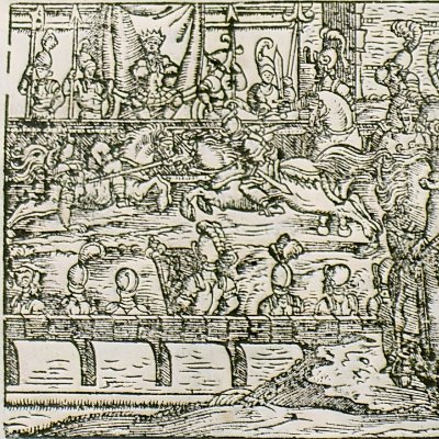 Renaud tue Polinesse devant le roi d’Écosse (Rol. furieux Valvassori 1566, ch5)