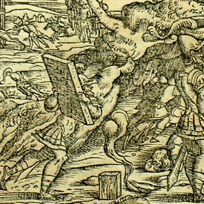 Roland délivre Isabelle des brigands (Roland furieux Valvassori 1566, ch13)