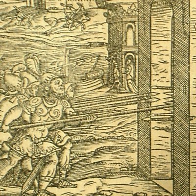 Agramant enfonce une porte de Paris (Roland furieux Valvassori 1566, ch15)