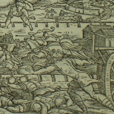 Griffon châtie les Damascènes (Roland furieux Valvassori 1566, ch18)