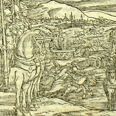 Marphise rencontre Roger à la fontaine de Merlin (Rol fur Valvassori 1566, ch26)