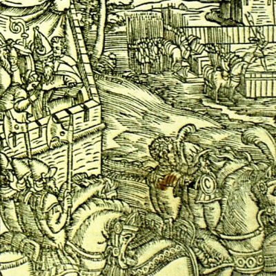 Baptême de Marphise ; Roger contre Renaud (Roland furieux Valvassori 1566, ch38)
