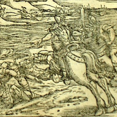 Roland venge Brandimart. Renaud et Dédain (Roland furieux Valvassori 1566 ch42)