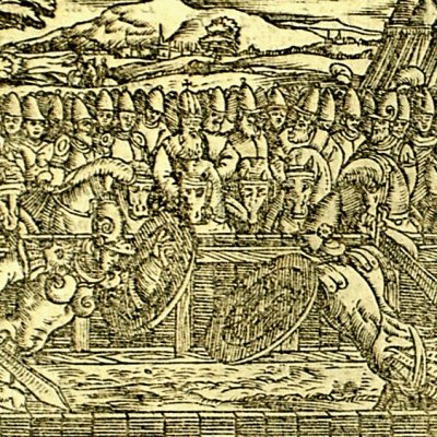 Roger combat Bradamante pour Léon (Roland furieux Valvassori 1566, ch45)