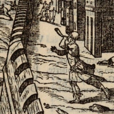 Le cor d’Astolphe met en fuite les Amazones (Roland furieux, Anvers Nucio 1554, ch20)