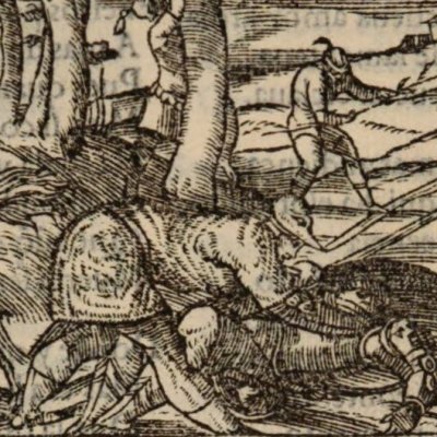 Zerbin se penche sur Hermonides blessé (Roland furieux, Anvers Nucio 1554, ch21)