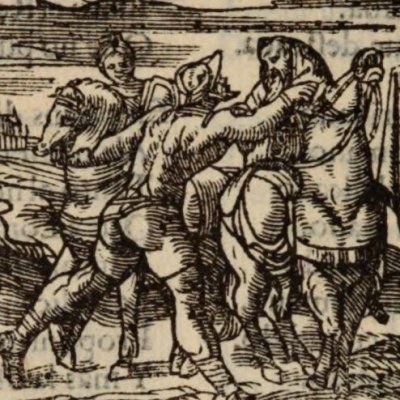 Rodomont arrête Isabelle et l’ermite (Roland furieux, Anvers Nucio 1558, ch28)