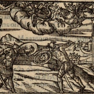 Renaud contre Gradasse. Astolphe chez le Sénape (Roland furieux, Anvers Nucio 1554, ch33)