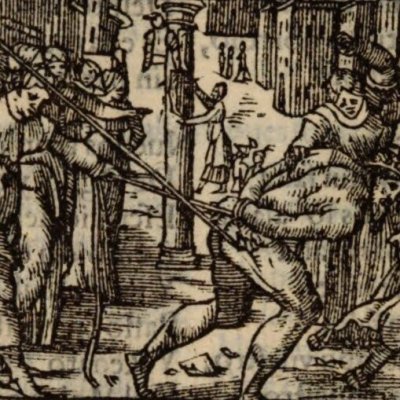 Marganor supplicié par les femmes de son peuple (Roland furieux, Anvers Nucio 1554, ch37)