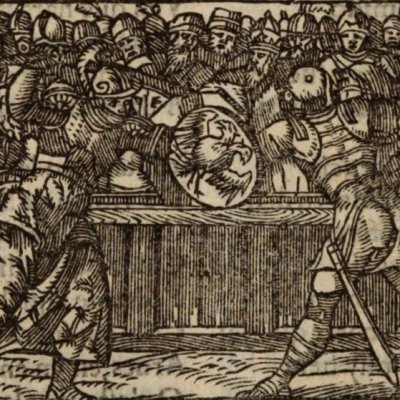 Roger combat Bradamante pour Léon (Roland furieux, Anvers Nucio 1554, ch45)