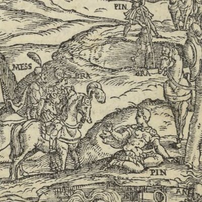 Renaud et Sacripant arrêtés par un valet (Roland furieux, Valgrisi, 1560, ch2)