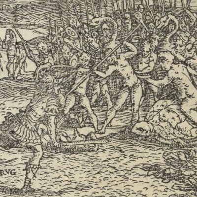 Roger attache son hippogriphe à un myrte (Roland furieux, Valgrisi, 1560, ch6)