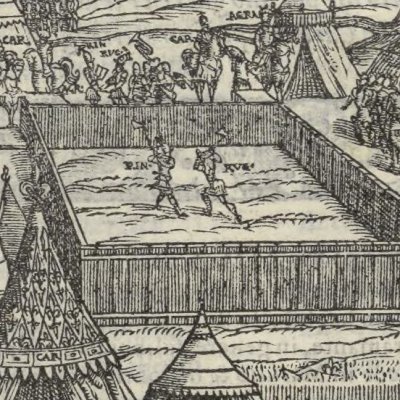 Roger, Bradamante & Marphise au camp d’Agramant (Rol. furieux, Valgrisi ch38)