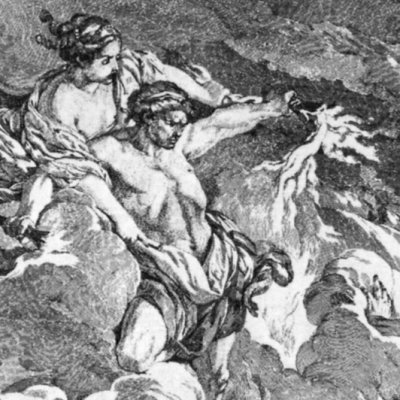 Achille prêt à être submergé par le Scamandre est secouru par Vulcain - Parizeau d'après Deshays