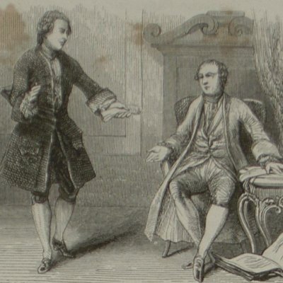 R & N (Rousseau et l'éditeur) discutant (Nouvelle Héloïse, Barbier 1845 Préface)