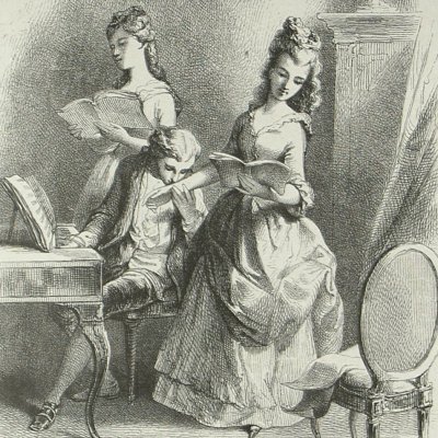 Saint-Preux & Claire au clavecin (Nouv. Héloïse, Barbier 1845 fig32) - Johannot