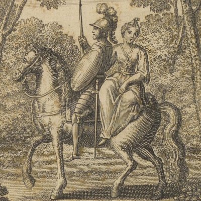 Renaud prend Fleur-de-lys en croupe (Roland l’amoureux trad. Lesage 1717 fig.7)