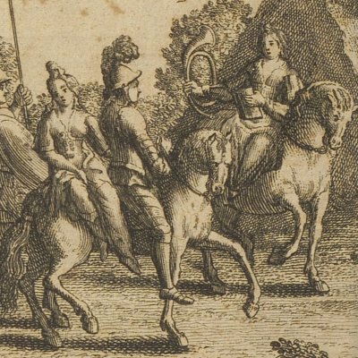 Roland & Brandimart face à la Demoiselle au cor (Rol amoureux Lesage 1717 fig.8)